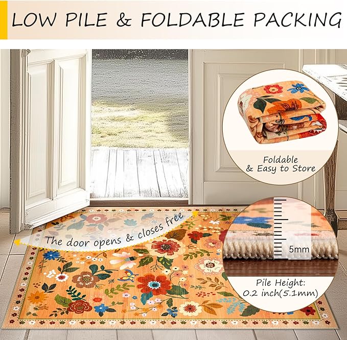 Floral Washable 2x6 Area Rugs Runner Entryway Hallway Orange/Yellow/Red | Flower Carpet, Print, Boho, Non-Slip, Easy to Clean, Low Pile, Soft, for Living Room Bedroom Kitchen Office Entrance