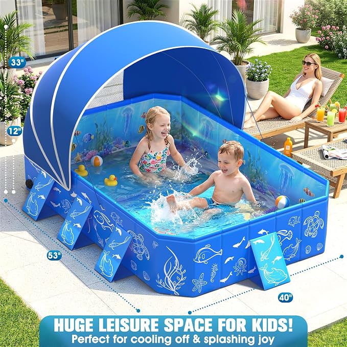 Foldable Kiddie Pool with Canopy Toddler Swimming Pool 53*40*33IN | Foldable Kiddie Pool With Removable Canopy，Delicate Sea-Life Pattern, 0.4mm Thickness Robust Build Pop Up Baby Pool