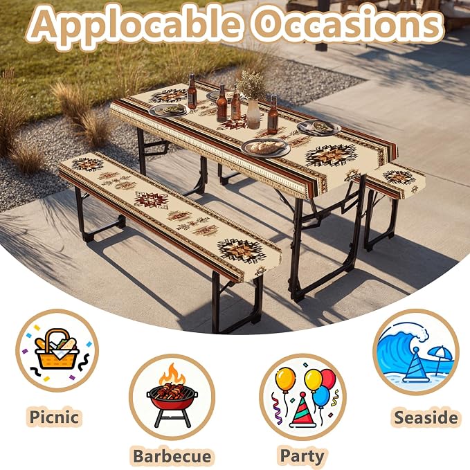 Picnic Table Cover with Bench Covers Elastic Edges, Outdoor Patio Camping Essentials 72 Inch 3PCS, Waterproof Camping Fitted Tablecloth with Handbags (Boho Tribal)