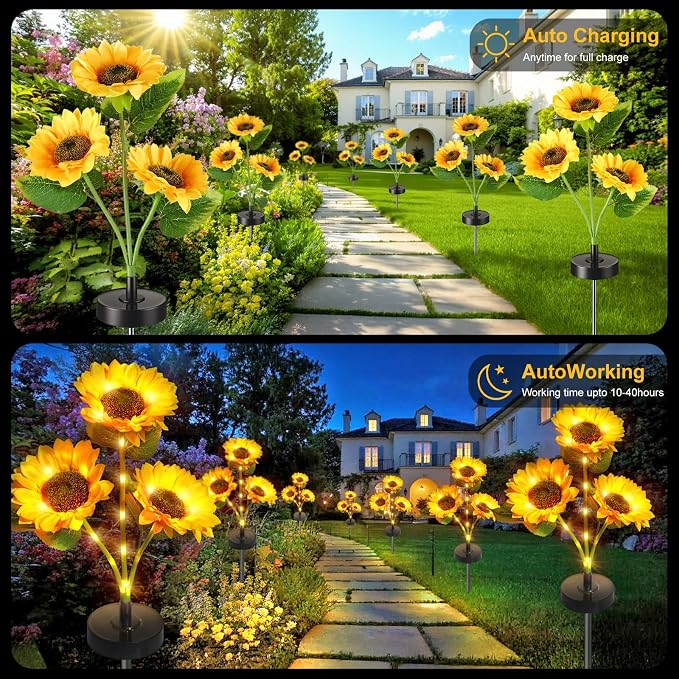 Upgraded Solar Sunflower Lights, 4-Pack Solar Garden Lights with Bigger Round Panel, 40-Hour Runtime for Indoor & Outdoor Decor, Waterproof for Patio Yard Garden