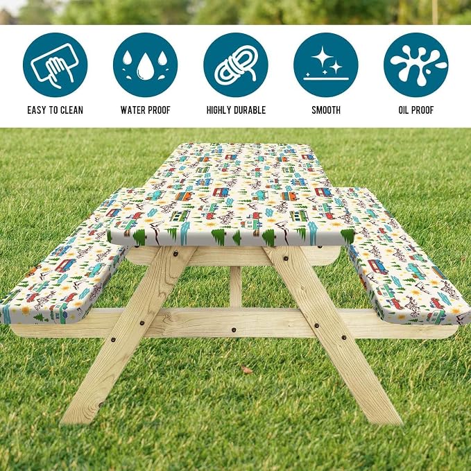 Picnic Table Cover with Bench Covers Reusable Table Cover for Camping with Elastic Outdoor Windproof Waterproof Fabric Rectangle Fitted Tablecloth and Seat Covers with Drawstring Bag, 96In 3PCS