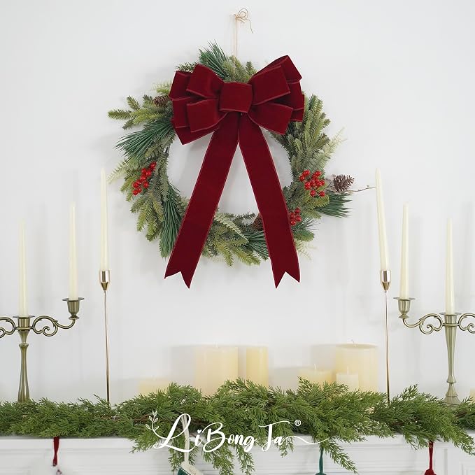 13" Red Bow Pre-Tied Bow for Christmas Tree, Red Velvet Ribbon Bow for Wreaths, Tree Toppers Bow, Premade Bow, Gift Bow for Party Favor, Christmas Home Indoor Outdoor Decor-1 Counts
