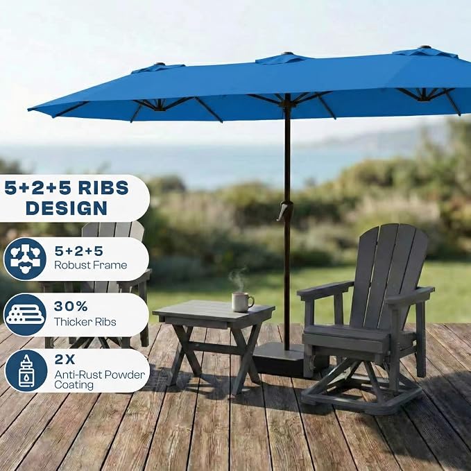 15FT Large Patio Umbrella with Base Included, Double Sided Outdoor Market Umbrella with Flexible Fiberglass Ribs, UV-Blocking Extra Large Umbrella for Garden, Pool, Deck, Royal Blue