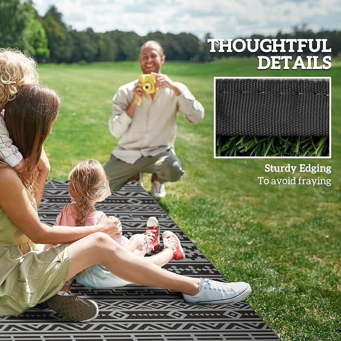Outsunny Outdoor Rug for Patio, 6' x 9' Waterproof Large Mat, Reversible Plastic Straw Rug for Decor, Portable Outside RV Camping Area Carpet Mat for Backyard Porch Deck Picnic, Black Gray Geometric