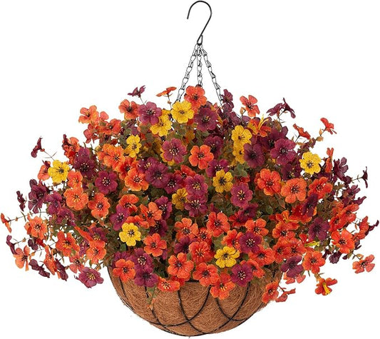 Fake Mums Artificial Fall Flowers with Hanging Baskets Outdoors for Decoration Faux mums for outdoor planters Daisy Flower with Eucalyptus Leaves for Porch Home Patio Balcony and Yard Autumn Decor