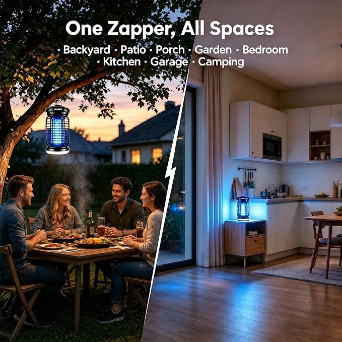 LUOJIBIE Bug Zapper Outdoor, Electric Mosquito Killer Fly Trap with UV/LED Light, 4200V High Voltage Waterproof Flying Insect Zapper for Backyard Patio, Indoor Mosquito Zapper for Home Garage