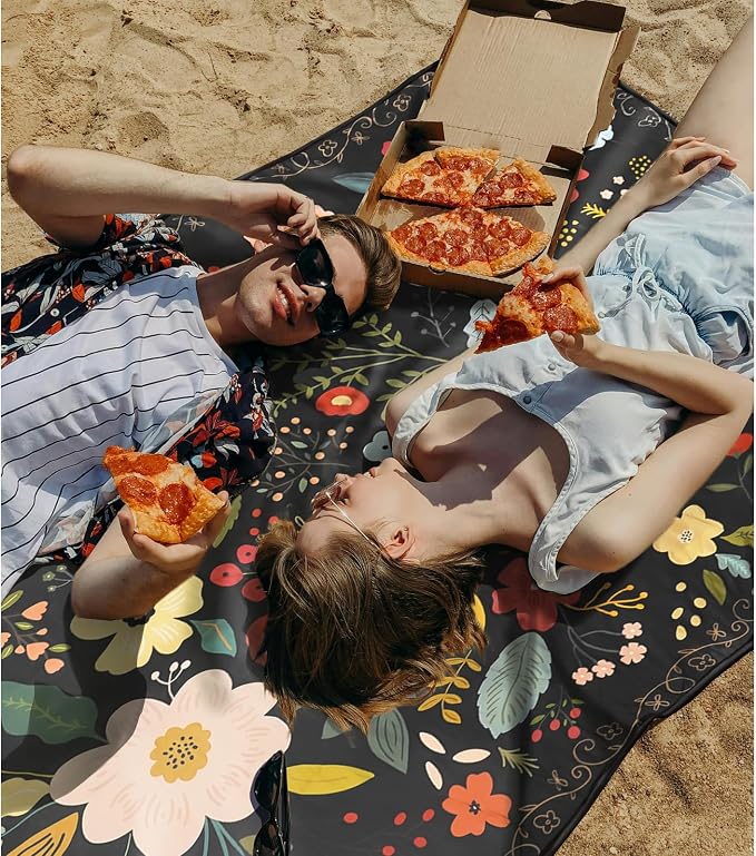 Picnic Blankets Extra Large Waterproof, 80"x 60" Boho Flowers Beach Mat with Corner Pockets Windproof Sandproof Foldable Portable 3-Layer Mat Darker for Wet Grass,Parks,Music Festival,Camping,Concerts