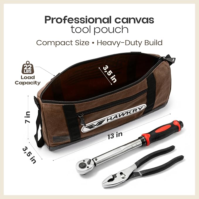 HAWKRY Canvas Tool Pouch – Brown Tool Bag for Tool Storage, DIY, Electrical, Auto or Hobby Use | Rugged Canvas Organizer with Zipper & Reinforced Base – Compact Utility Pouch for Toolbox or Car