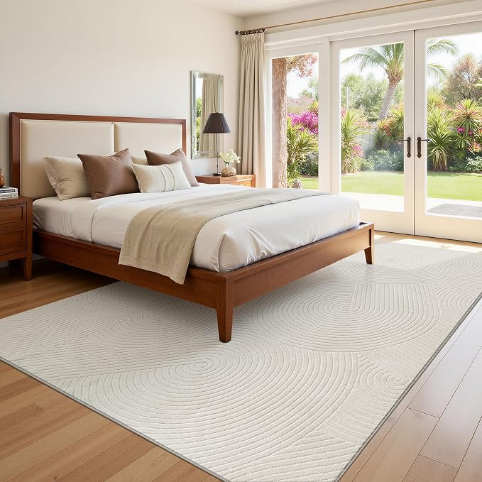 U'Artlines 8x10ft Washable Area Rug for Living Room, Beige | Minimalist Modern, Soft Fluffy, Non Slip High-Low Pile Rug for Bedroom, Carpet for Dining Area, Kids Nursery Room