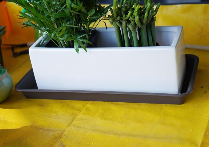 VUWEZ 2 Pack of Plastic Plant Tray Saucer Rectangular, Plant Trays Saucers for Indoors Outdoor, Plant Water Drip Tray for Flower Pot Planter, Windowsill Plant Tray (6.5 X 13 Inch, Brown)
