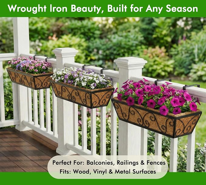 Y&M Outdoor Rectangular Window Box Planter, 24-Inch 2PCS Deck Railing Planter Boxes & Hanging Railing Planters with Coco Coir Liner, Rust-Resistant Steel, Large Capacity for Balcony, Porch, and Garden