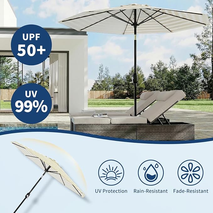 GarveeLife 10FT Patio Umbrella Outdoor, Table Umbrella with Push Button Tilt and Crank, 8 Sturdy Ribs UV Protection Waterproof for Garden, Pool, Market, Deck (Brown & White Stripe)
