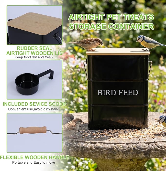 Metal Bird Seeds storage container,Outdoor Bird Container Canister, Pet Food Bin with Wooden Lid/Handle/Food scoop,hold 5-6 Lbs of Wild Bird Seed Sunflower Seed-Preventing Squirrels-Black