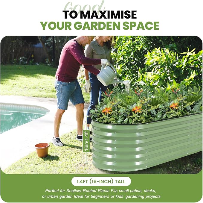 G GOOD GAIN Raised Garden Beds - 8x2x1.4ft Galvanized Planter Boxes Kit with Protective Tape & Gloves & Tools | Oval Metal Outdoor Raised Bed for Gardening Vegetables, Fruits, Flowers, Herbs, Oliver
