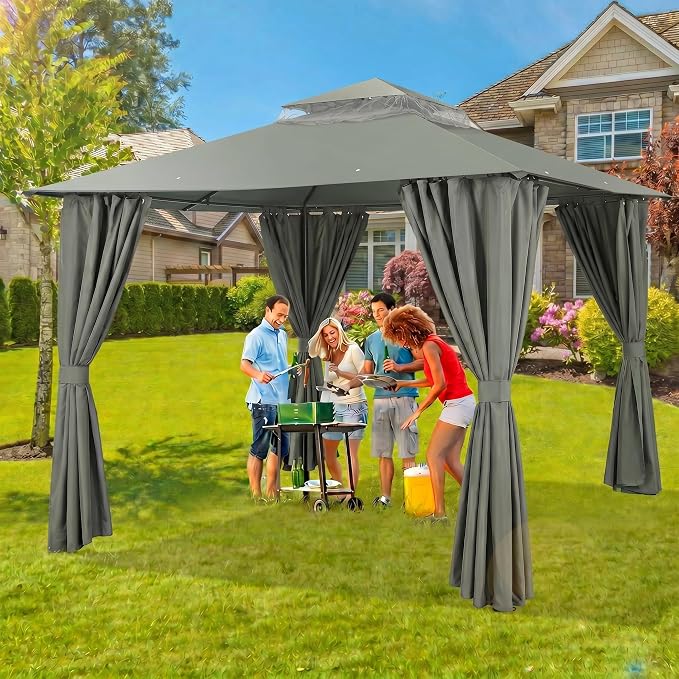 COBIZI 10x10 Gazebo with Double Roof & Mosquito Netting Outdoor Heavy-Duty Party Tent, Patio Tent with Zipper Screens - Backyard Garden Lawn Shelter Includes Wind Ropes Expansion Bolts, Grey