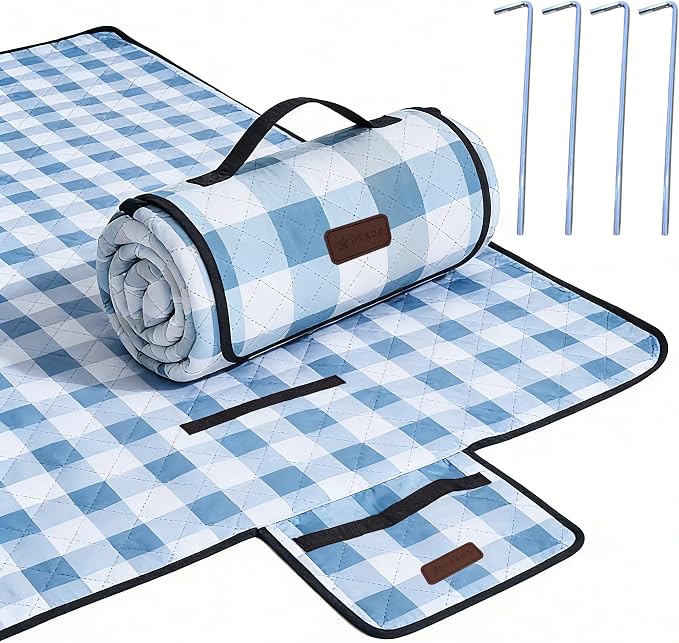 HX&OD Outdoor Picnic Blanket, Extra Large, 80''x80'' Waterproof Foldable Blankets Gingham Picnic Mat for Beach, Camping Grass Lawn Park Accessories Cute Couple Ideas Wedding (Coffee Color, 80”x80”)