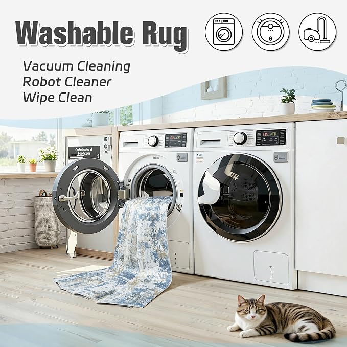 9x12 Area Rugs for Living Room: Washable Soft Blue White Abstract Carpet | Non-Slip TPE & Stain Resistant,0.25" Low-Pile,Kids Pet Friendly Modern Decor for Dining Room Farmhouse Office, Non-Shedding