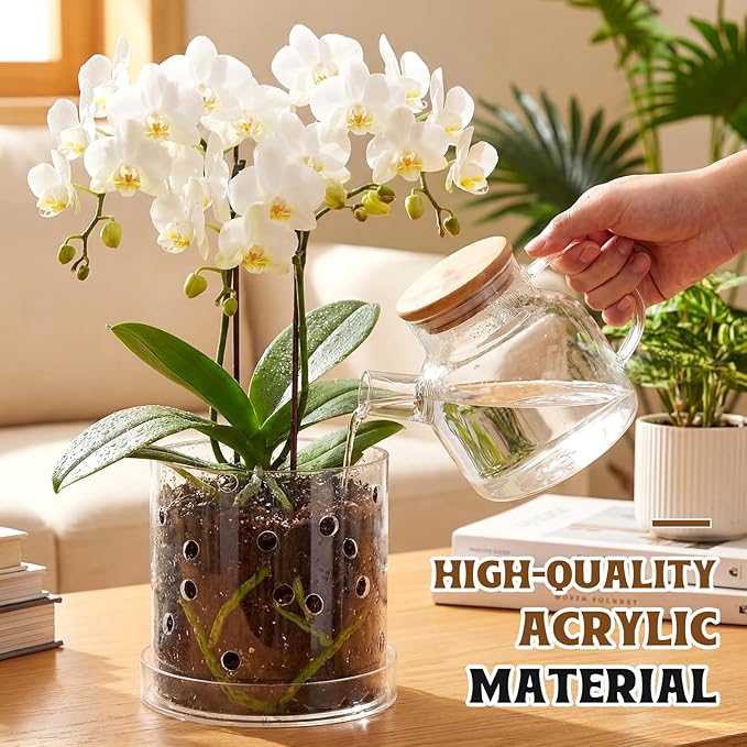 7 Inch Clear Acrylic Orchid Planter Pot with 360° Round Holes & Tray, Thick Acrylic Vented Planter for Phalaenopsis, Root Airflow, Bottom Watering & Indoor Orchid Repotting