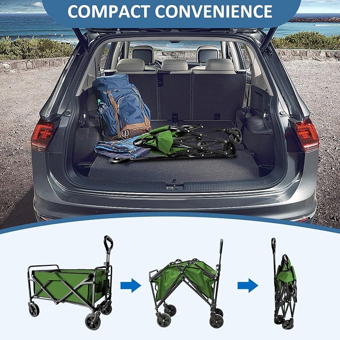 Collapsible Utility Cart Folding Wagon, 320lbs Capacity Lightweight Rolling Cart with Quiet Wheels, Quick-Fold Design for Camping, Shopping, Ourdoor Use, Green