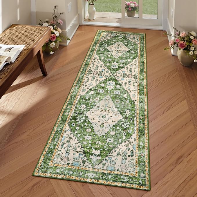 Lahome Felice Boho Tribal Rug - 2x6 Green Bathroom Rug Runner Laundry Room Mat, Vintage Soft Washable Non Slip Accent Carpet for Kitchen Living Room Kitchen Sink Bathroom Doorway