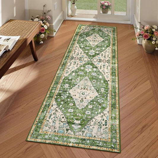 Lahome Felice Boho Tribal Rug - 2x6 Green Bathroom Rug Runner Laundry Room Mat, Vintage Soft Washable Non Slip Accent Carpet for Kitchen Living Room Kitchen Sink Bathroom Doorway