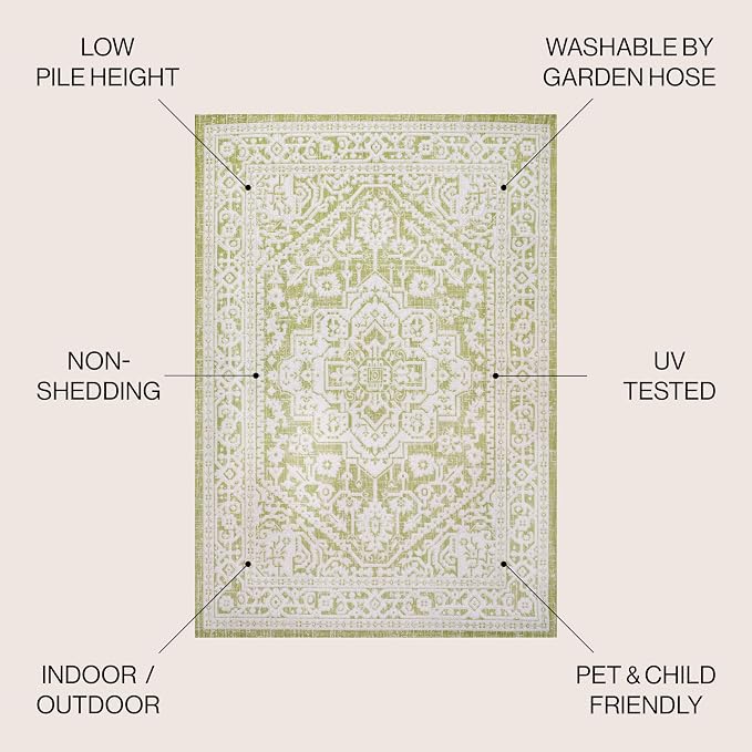 JONATHAN Y Medallion Weave Indoor Outdoor Round Area Rug 5 Ft Green/Cream, Sinjuri Textured for Backyard, Patio, Porch, Easy-Cleaning, High Traffic, Pet-Friendly, Non-Shedding (SMB101E-5R)