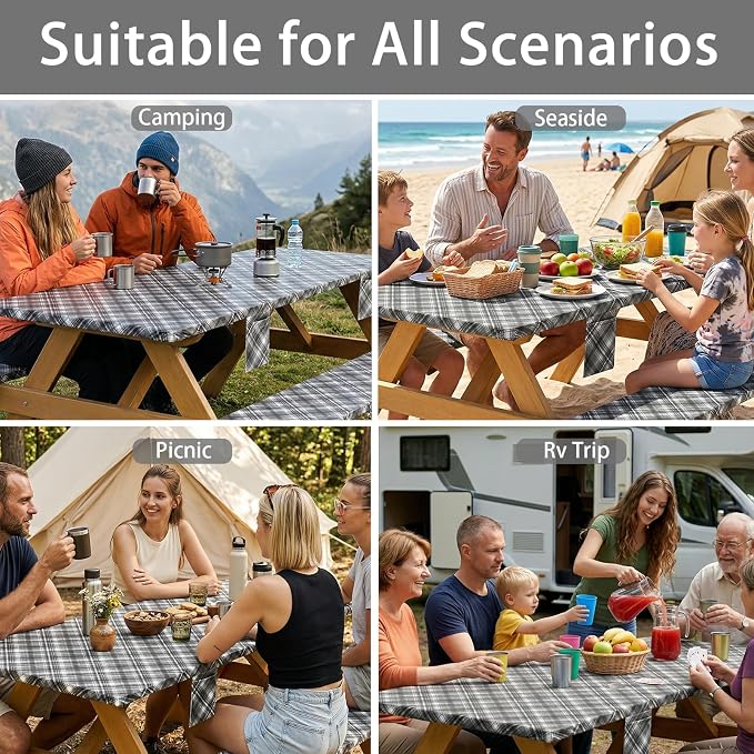 Fitted Waterproof Picnic Table Cover with Bench Covers Heavy Duty Elastic Outdoor Camping Tablecloth for 8 Foot Rectangle Tables Summer Rv Accessories Patio Garden Road Trip Essentials Gifts