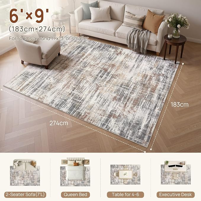 UERMEI 6x9 Area Rug for Living Room Washable Abstract Grey/Rust/Brown | Low Pile Non-Slip Soft Neutral Modern Carpet Kid Pet Friendly Large Rugs For Bedroom Dining Room Nursery Office Indoor Decor