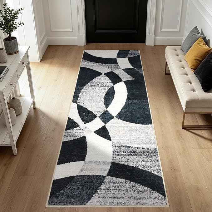 Joydeco 2x6 Geometric Washable Hallway Runner Rug, Black Grey White | Modern Non-Slip Low Pile Soft Stain Resistant Dark Gray Pet Child Friendly Carpet for Bedroom Entryway Kitchen Laundry Room