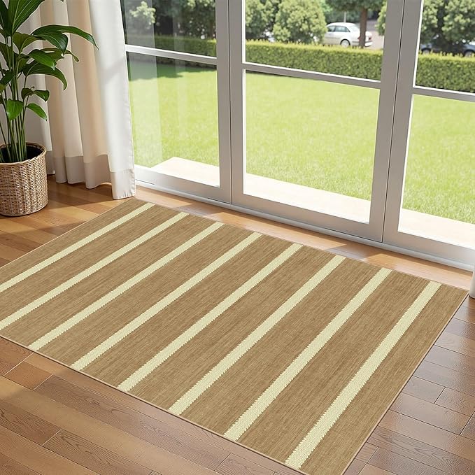 Striped 3x5 Entry Rug, Washable Indoor Outdoor Mats for Front Door | Non-Slip Porch Rug Tan Beige Cottage Farmhouse Small Rugs for Living Room Bedroom Entryway Kitchen Mudroom Office Porch Decor