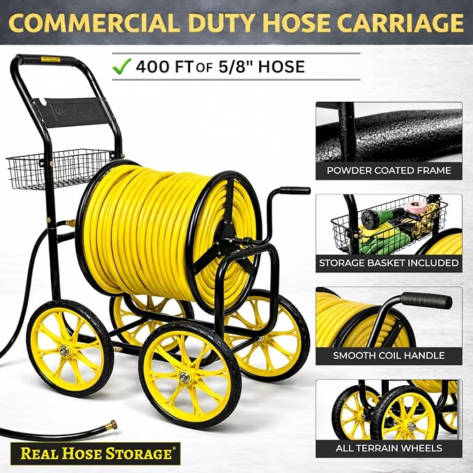 Garden Hose Reel Cart, Heavy Duty Hose Reel with Wheels, Outdoor Water Hose Reel for Backyard, Garden, or Lawn, Metal Hose Carts (400ft Hose Carriage)