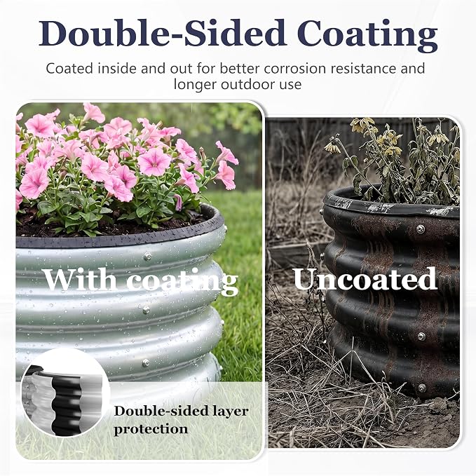 2 x 2 x 1 ft Round Metal Raised Garden Bed, Silver 2 Pack Heavy Duty Galvanized Steel Planter Box with Safety Edge Trim for Vegetables Flowers Herbs Outdoor Garden