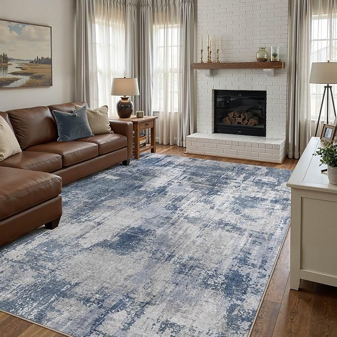 DMOYEST 10x14 Area Rug for Living Room Washable Abstract Indoor Carpet | Neutral Modern Low Pile Rugs Kid & Pet Friendly Large Soft Thin Carpet for Bedroom Dining Room and Office - Dark Blue