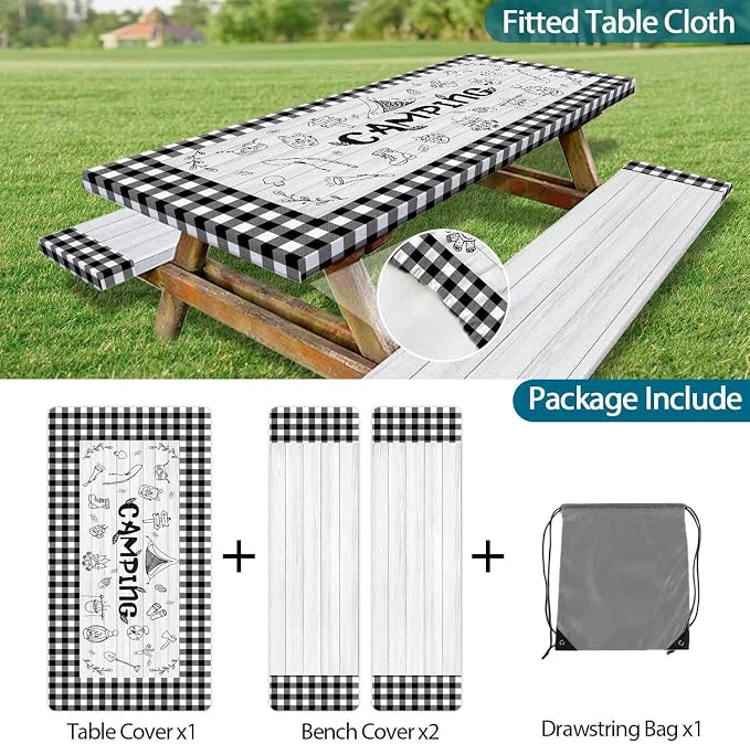Picnic Table Cover with Bench Covers Checkered Camping Tablecloth, Waterproof Windproof Reusable Picnic Table Covers with Drawstring Bag, Outdoor Patio Camping Essentials, 60In 3PCS