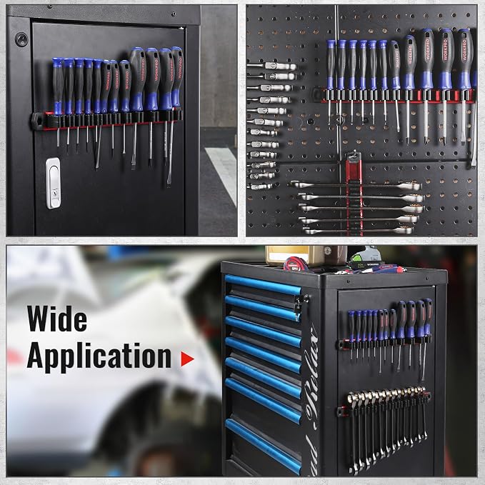 WORKPRO Magnetic Screwdriver and Wrench Organizer Set, 24-Slot Tool Holders | 2-Pack Aluminum Rails, Magnetic Force, Flexible High-Tension Tool Clips, For Tool Box Drawer & Wall-Mount Storage