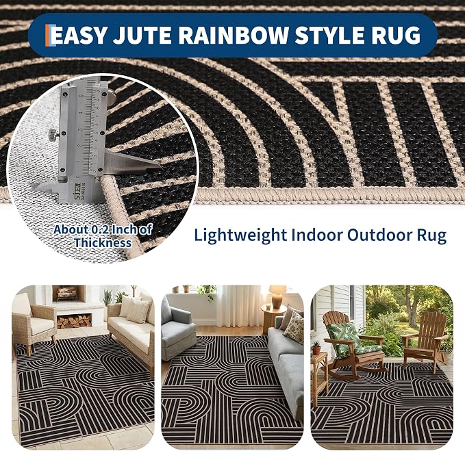 GarveeHome Rainbow Easy Jute Rug 5x7 Abstract Washable Non Slip Living Room Ultra-Thin Bedroom Rug, Non Skid Backing Non Shedding Accent Carpet for Dining Room Office