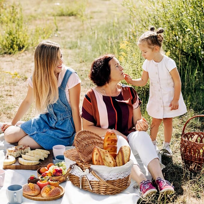 Picnic Basket with Blankets and Bamboo Plates Picnic Supplies Set Basket with Lid and Handle Wicker Picnic Basket Sturdy Woven Body with Washable Lining for Camping (White)