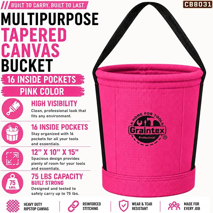 Graintex Tapered Canvas Bucket 12"x10"x15", Utility Tool Bucket 16 Inside Pockets, Reinforced Base & Carry Handle, Ripstop Canvas, Multi-Purpose Bag for Jobsite & Home Use for Tool Storage Solutions