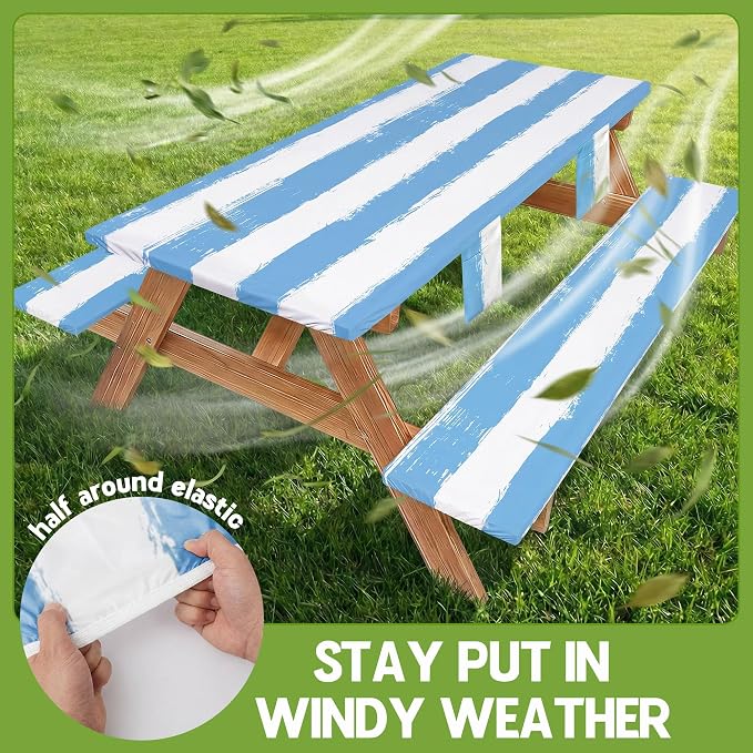 Wrakus Picnic Table Cover with Bench Covers Camping Essentials Waterproof Windproof Patio Outdoor Tablecloth with Storage Bag, Fitted Rectangle Tables and Seats Tablecover for Rv Owner Camper 72in