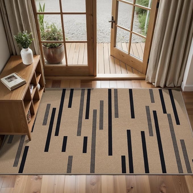 Tangsoo Modern Easy Jute 2x4 Rug for Entryway,Washable Thin Outdoor Door Mat,Non-Slip Indoor Floor Carpet Farmhouse Irregular Stripe Small Throw Mat for Kitchen Hallway Bedroom Front Porch Entrance