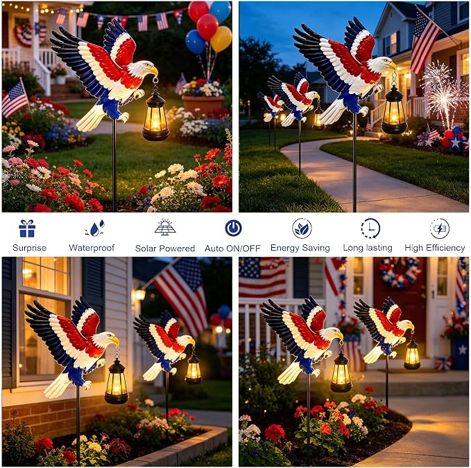 4th of July Decorations 250th anniversary Bald Eagle Solar Garden Light Outdoor Waterproof, Gift for family and friends, Stake Light with Solar Lantern,Solar Lights Yard Art Outside Patio Garden Decor