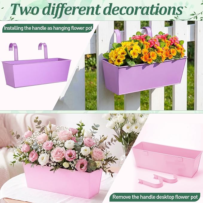 6 Pack Hanging Flower Pot Colorful Metal Iron Bucket Fence Hanging Planters with Detachable Hook Bucket Flower Holder for Railing Balcony Garden Yard Spring Decor (16.1 x 5.1 x 5.1 in,Square)