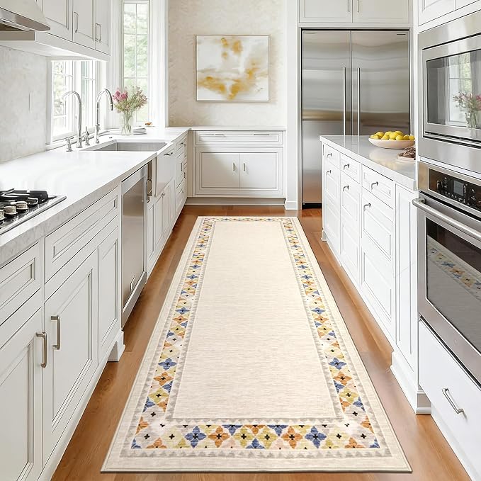 Garvee 2x6 Tribal Border Kitchen Rugs Washable Rugs for Hallway, Beige | Floral Border Area Rug Stain Resistant Easy Cleaning Throw Rugs Low Pile Floor Cover for Bedroom Laundry
