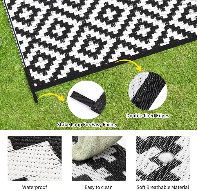 Outdoor Patio Plastic Straw Rug - 9x12 ft Outdoor Camping Rug Waterproof Reversible, Area Carpet Patios RV, Outside Porch Balcony Deck for Camper, Black & White