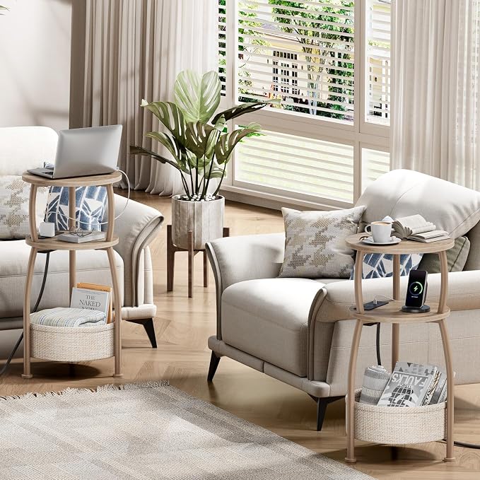 Side Table with Charging Station, Small Round End Table with Basket, USB and Type C Port, 3 Tiers Sofa Couch Table Bedside Table for Living Room Bedroom, Small Spaces, 11.81in Light Oak