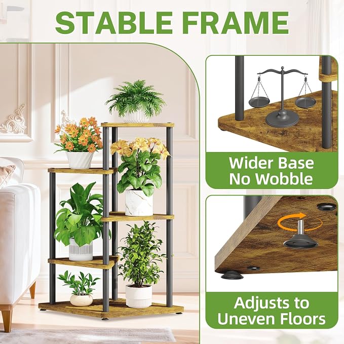 iDavosic.ly Tall Plant Stand Indoor for Large & Heavy Duty Planters, 4 Tier Corner Flower Shelf with Wooden Trays & Metal Frame, 33 Inch Orchid Rack for Living Room Balcony Porch, Black & Brown