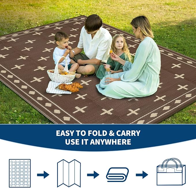 Waterproof Outdoor Rug 8x10, Modern Reversible Plastic Straw Patio Camping Rugs, Outdoor Indoor RV Mat Carpet for Patio, Outside Entry, Backyard, Deck, Bench, Picnic, Camper，Brown/Coffee