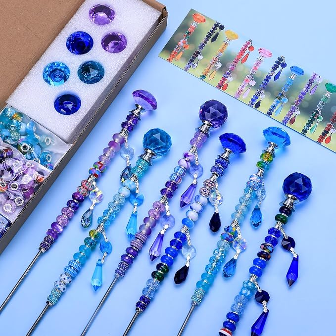 AIPRIDY DIY Crystal Beaded Fairy Wand Garden Stakes Kit, Colorful Decorative Wands with Assembly Guide, 12 or 10 Inch Threaded Rods,Outdoor Garden Decoration Set (208, Purple+Aqua+Blue)