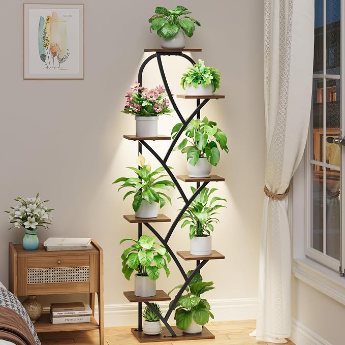 Indoor Plant Stand with Grow Lights, 8 Tiered, 59.5" Tall | Plant Shelf, Flower Holder, Heavy Duty Anti-rust Iron Pipes, Water-resistant & Anti-corrosive Wood, Auto Timer