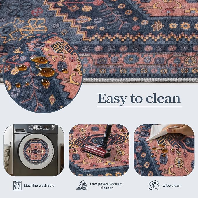 Ciicool Long Washable Runners Area Rug for Hallways,Ultra Soft 2x8ft Carpet | Oriental Non-Slip Thin Indoor Mat Vintage Navy Rugs for Kitchen Entryway Bedroom Bedside Living Room Laundry Bathroom Decor
